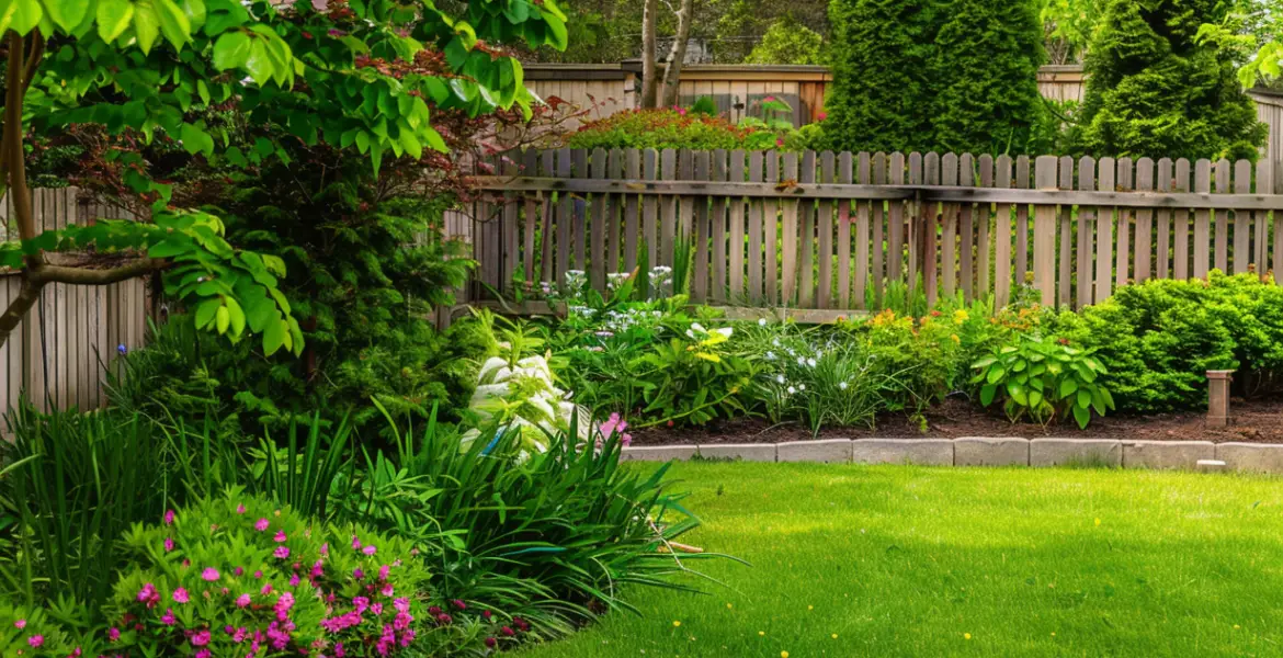 Backyard garden against a wooden fence